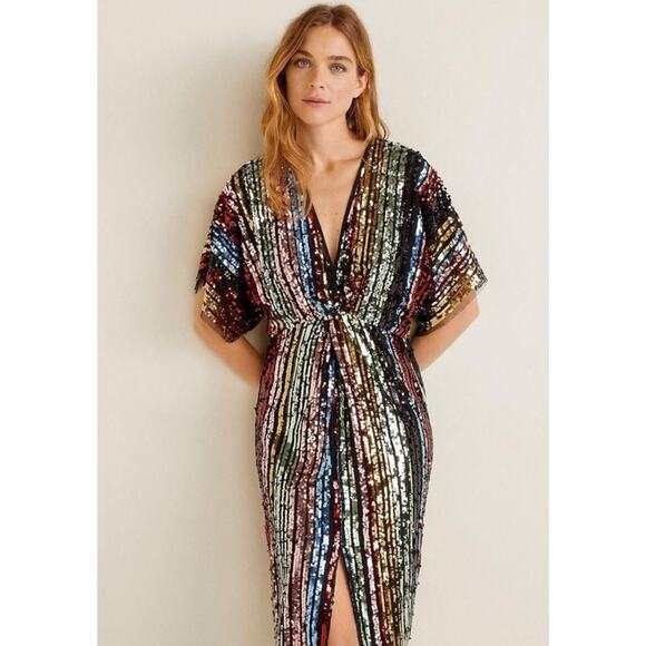 MNG Mango Multicolored Sequin Sheath Kimono Sleeve Party Cocktail Dress NWT - Picture 1 of 16